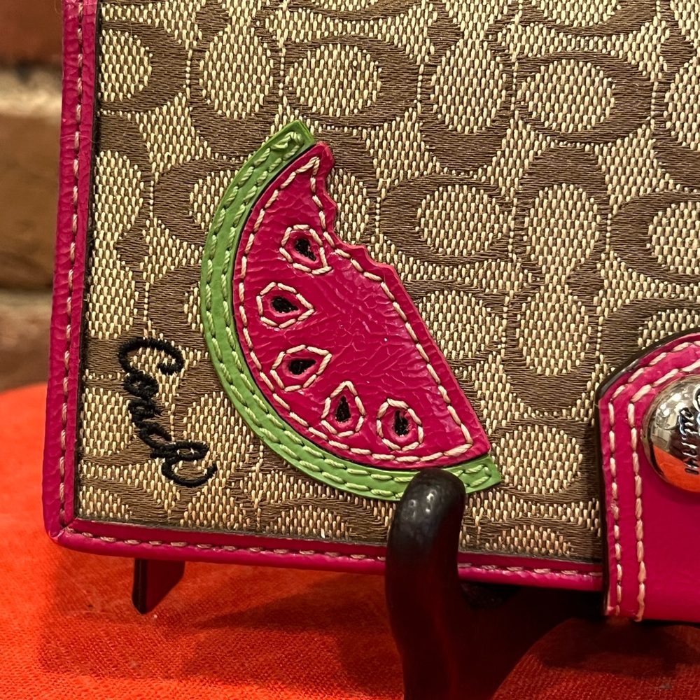 Coach Watermelon Signature Checkbook Wallet Pink Trim Fruit Applique Y2K Rare - Picture 4 of 16